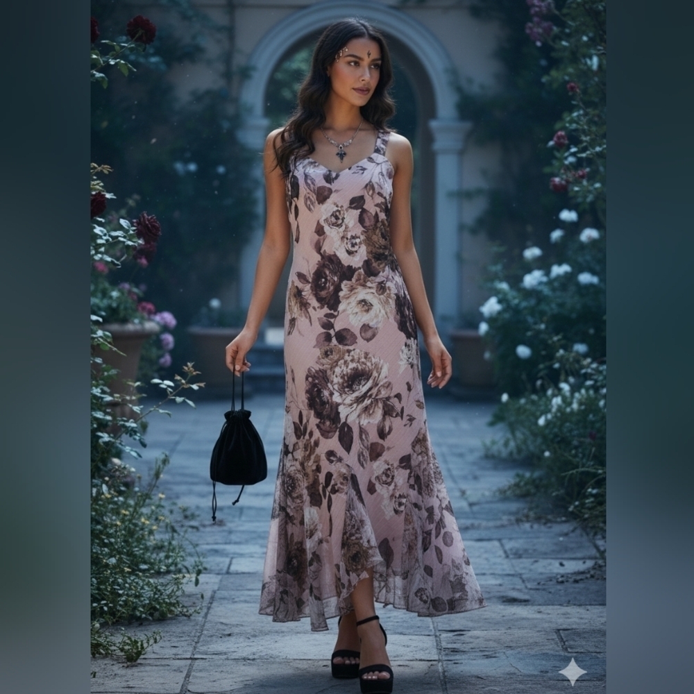 Y2K R&M Richards Floral Maxi Dress 6P Rose Pink Floral Fairy Goth Cottagecore